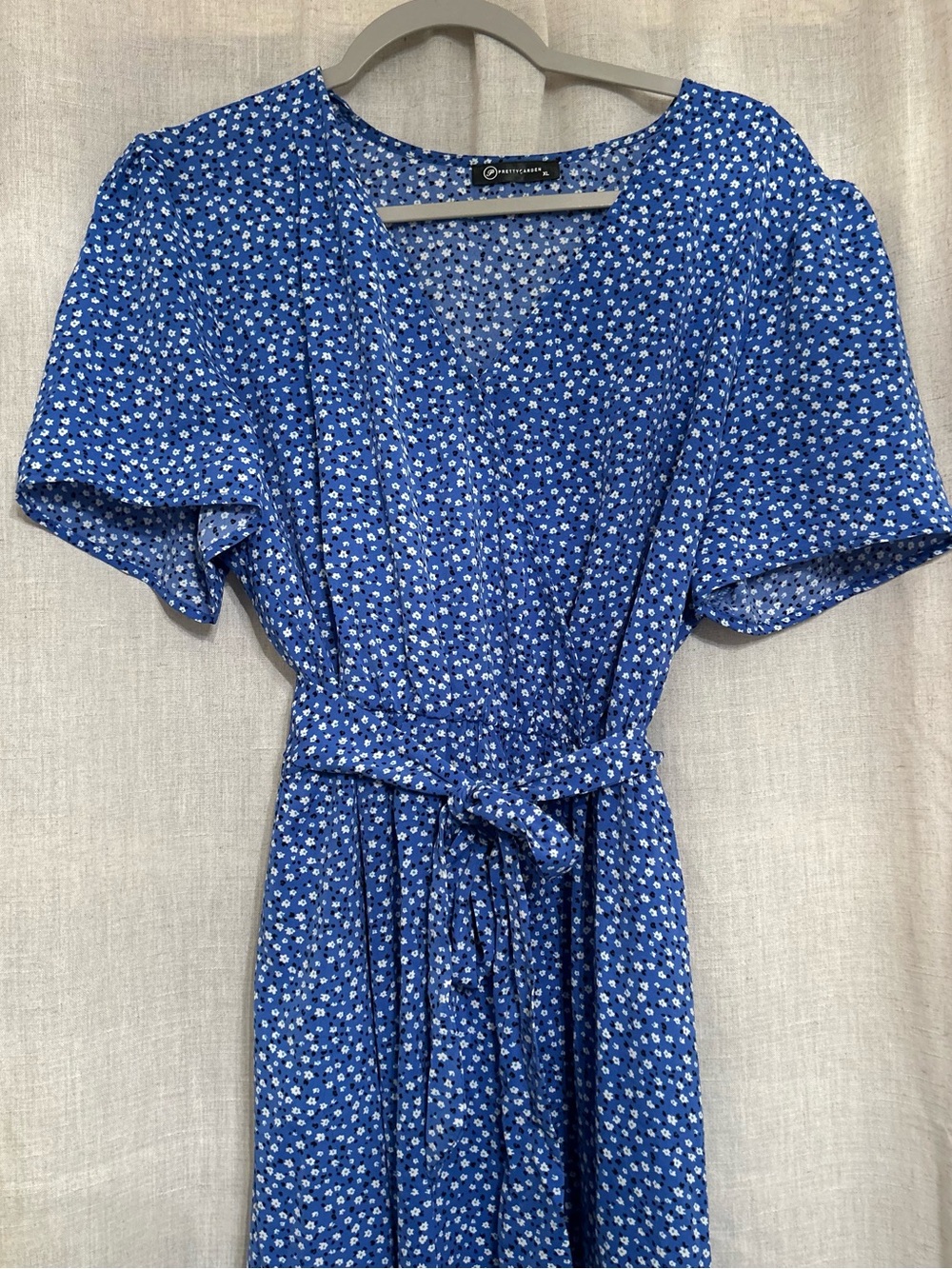 Blue Floral Midi Dress with Tie Waist